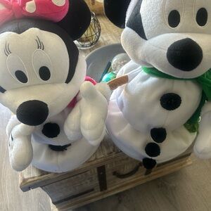 Disney Mickey and Minnie Snowman Plush Duo in Black, White, and Pink